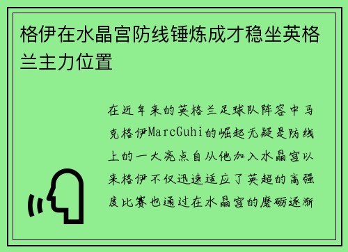 格伊在水晶宫防线锤炼成才稳坐英格兰主力位置