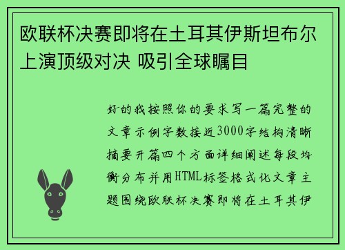 欧联杯决赛即将在土耳其伊斯坦布尔上演顶级对决 吸引全球瞩目